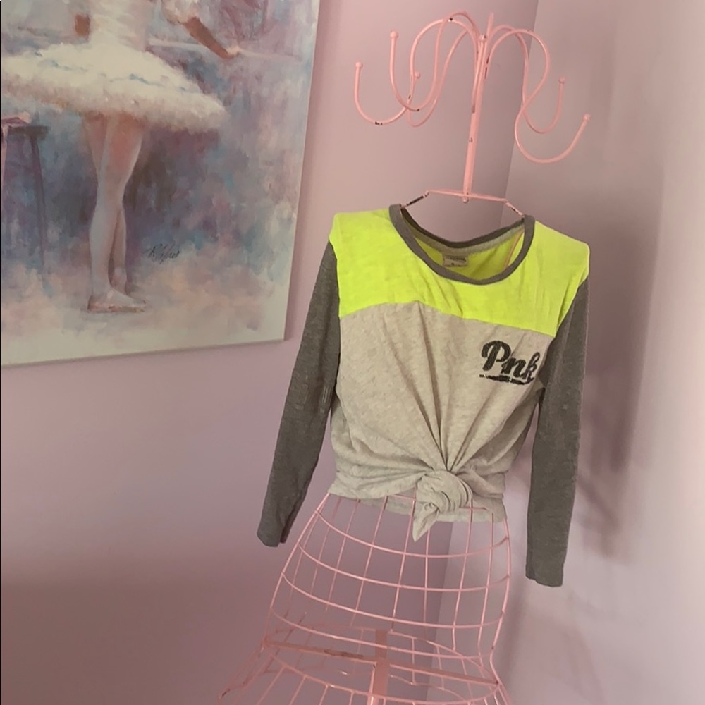 PINK Victoria Secret Green and Gray Baseball Tee